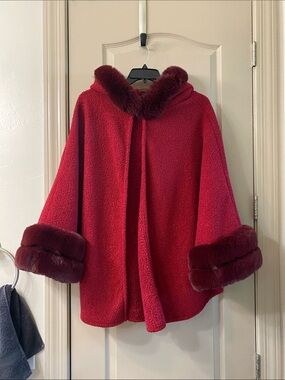 Rich Red Faux Fur Trim Cape Coat
